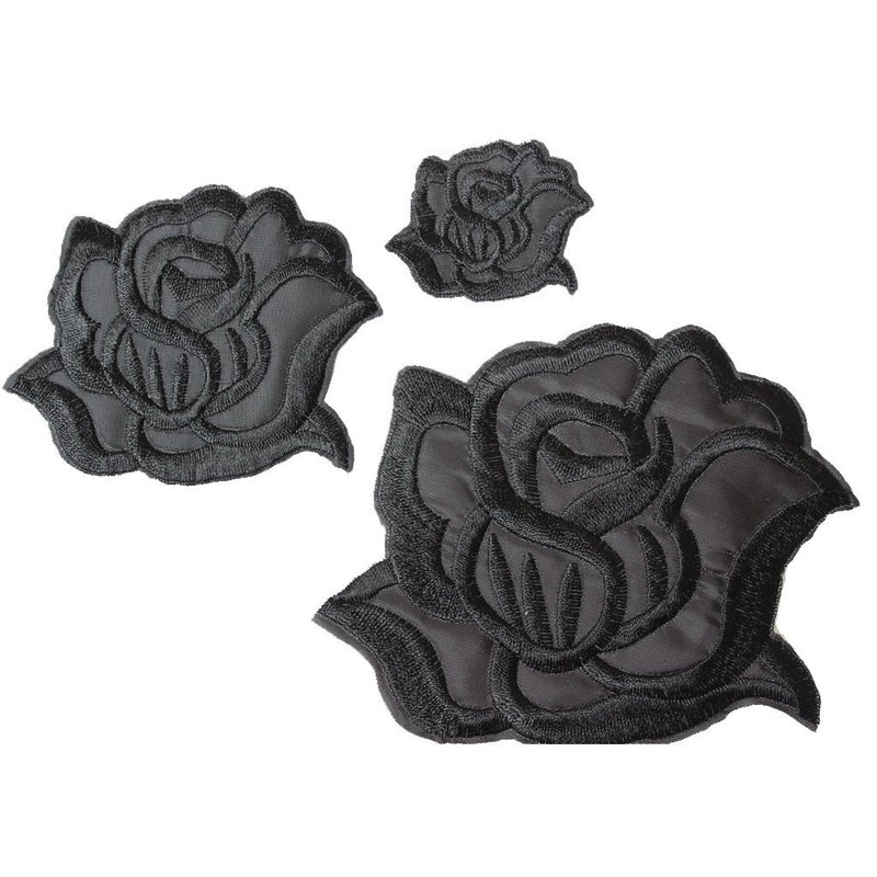 U-Sky Sew or Iron on Embroidered Patches | Classic Black Rose Design | Family Clothing DIY Project | Fashion Jackets Jeans Hoodie Vest Bags Hats | 3 Sizes (4.2"x3.3"+3.1"x2.4"+1.6"x1.3") | 3PCs Packâ€‹ - Image 1